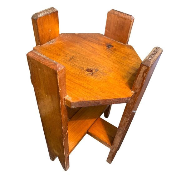 Handmade Vtg Wooden Plant Stand Hexagonal Two-Tier MCM Decor - Picture 3 of 5